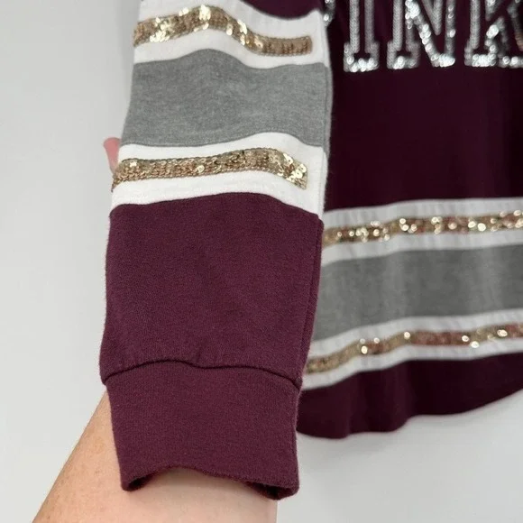 PINK Victoria's Secret Sequins V‎ Neck Long Sleeve Sweatshirt Burgundy XS - Picture 10 of 16